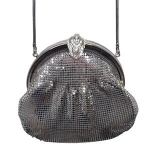 1990s Shals International Silver Mesh Evening Bag Rhinestone Clasp